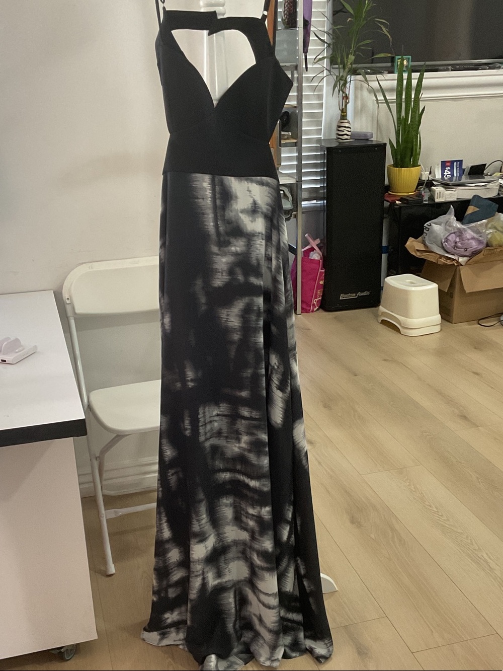 BCBGMaxAzria Black and Gray Halter Tie-Dye Maxi Dress